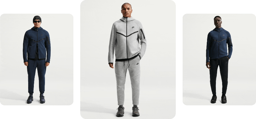 Fashion email slideshow comparing gray and navy tracksuit looks in product cards — made with TweenFrame.com