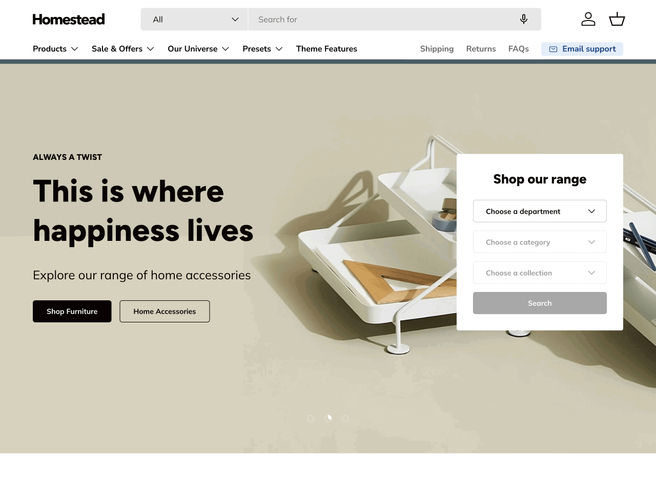 Enterprise's Homestead preset is a speed-focused Shopify theme designed for home decor stores with extensive inventories