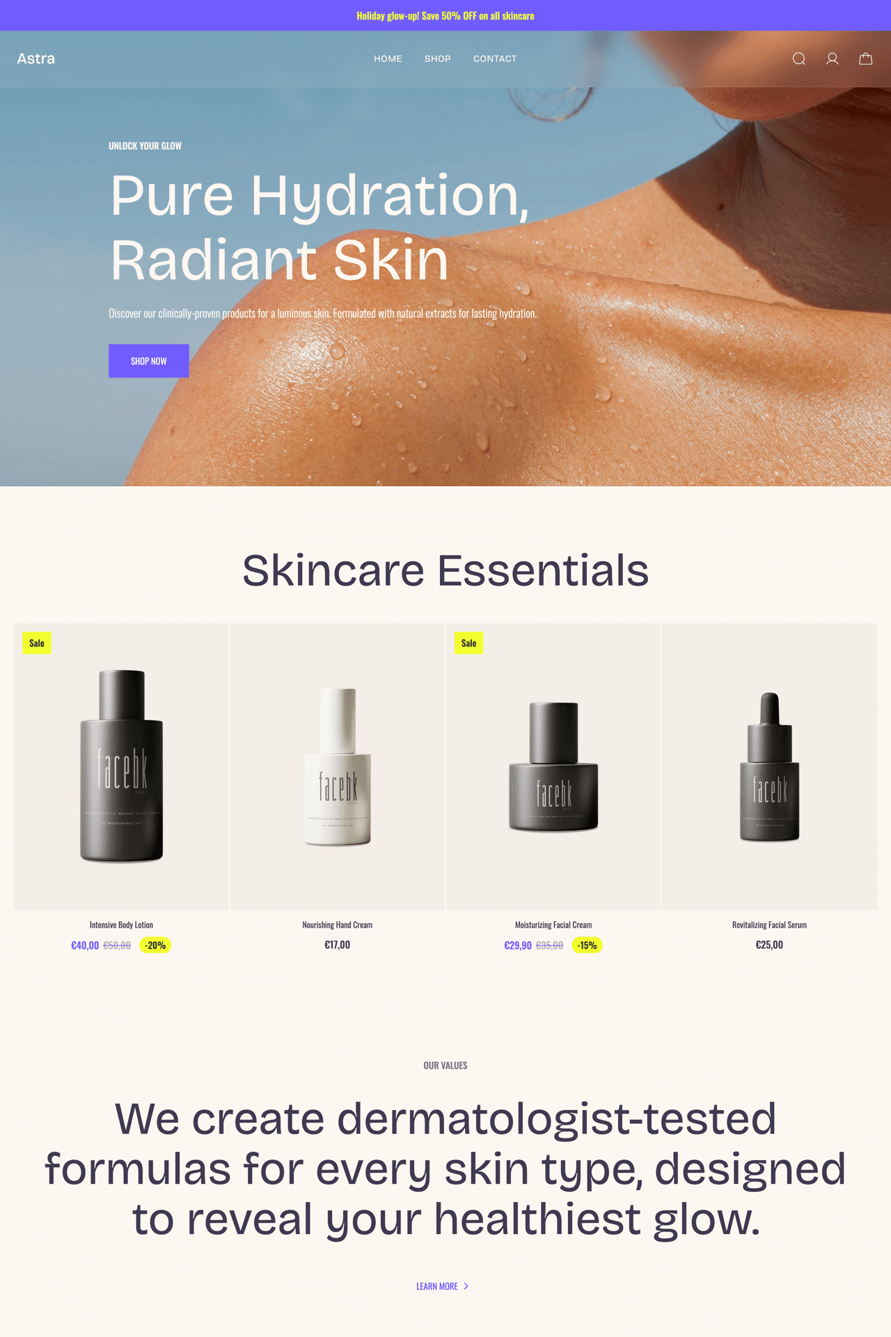 Astra is a Shopify theme preset tailored for beauty and skincare brands