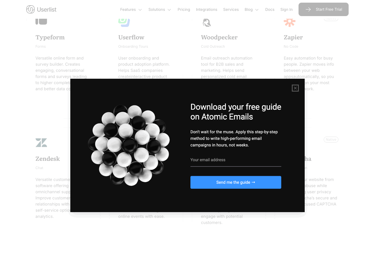 Userlist uses a clear headline and an actionable CTA on their email newsletter popup