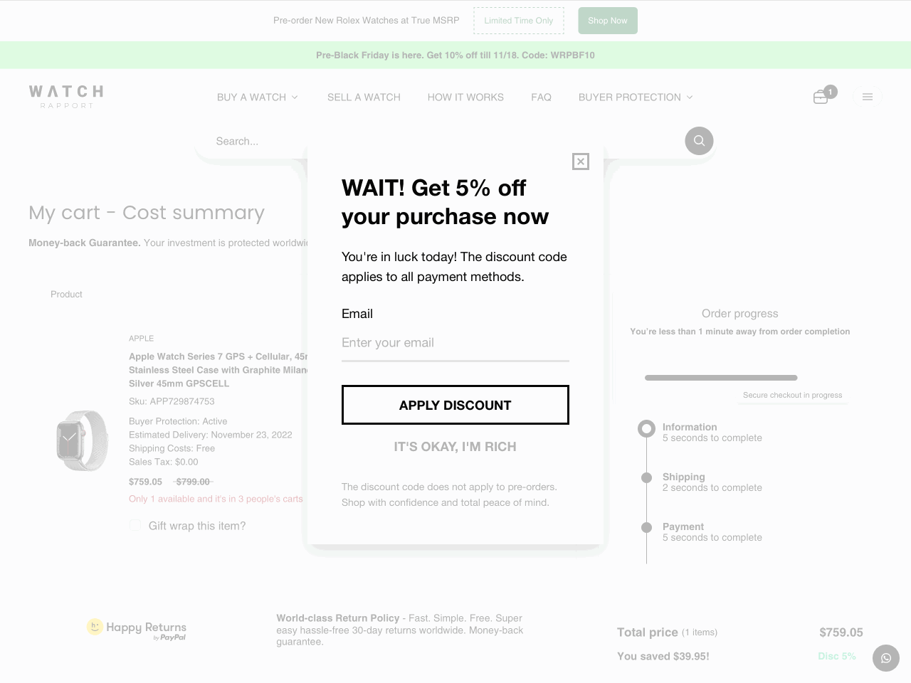 Exit popup offering 5% off with email signup