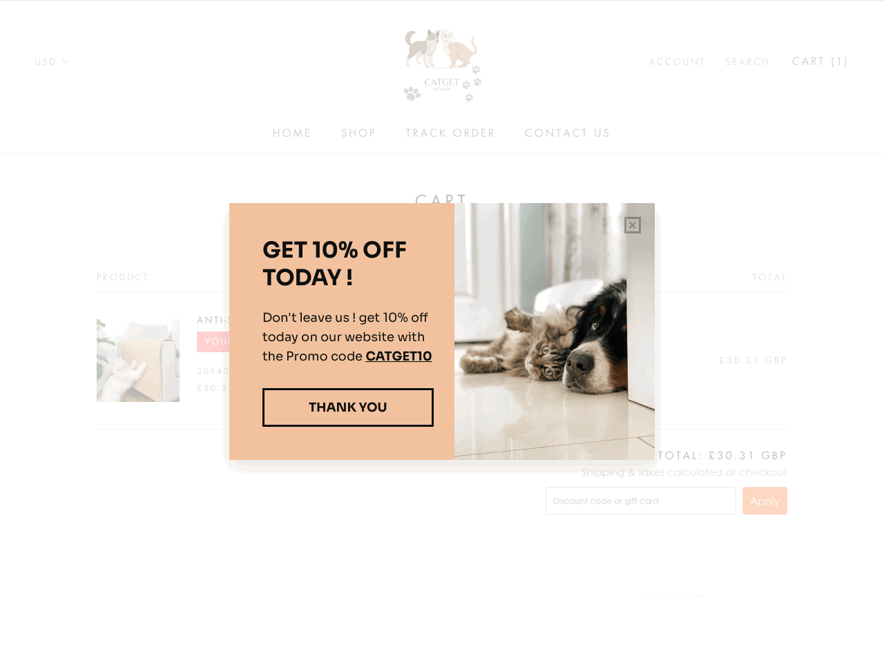 Catget pet store uses exit-intent popups offering a discount code to prevent cart abandonment