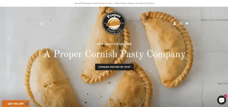 Proper Pasty uses a fullscreen popup launched by a popup teaser button