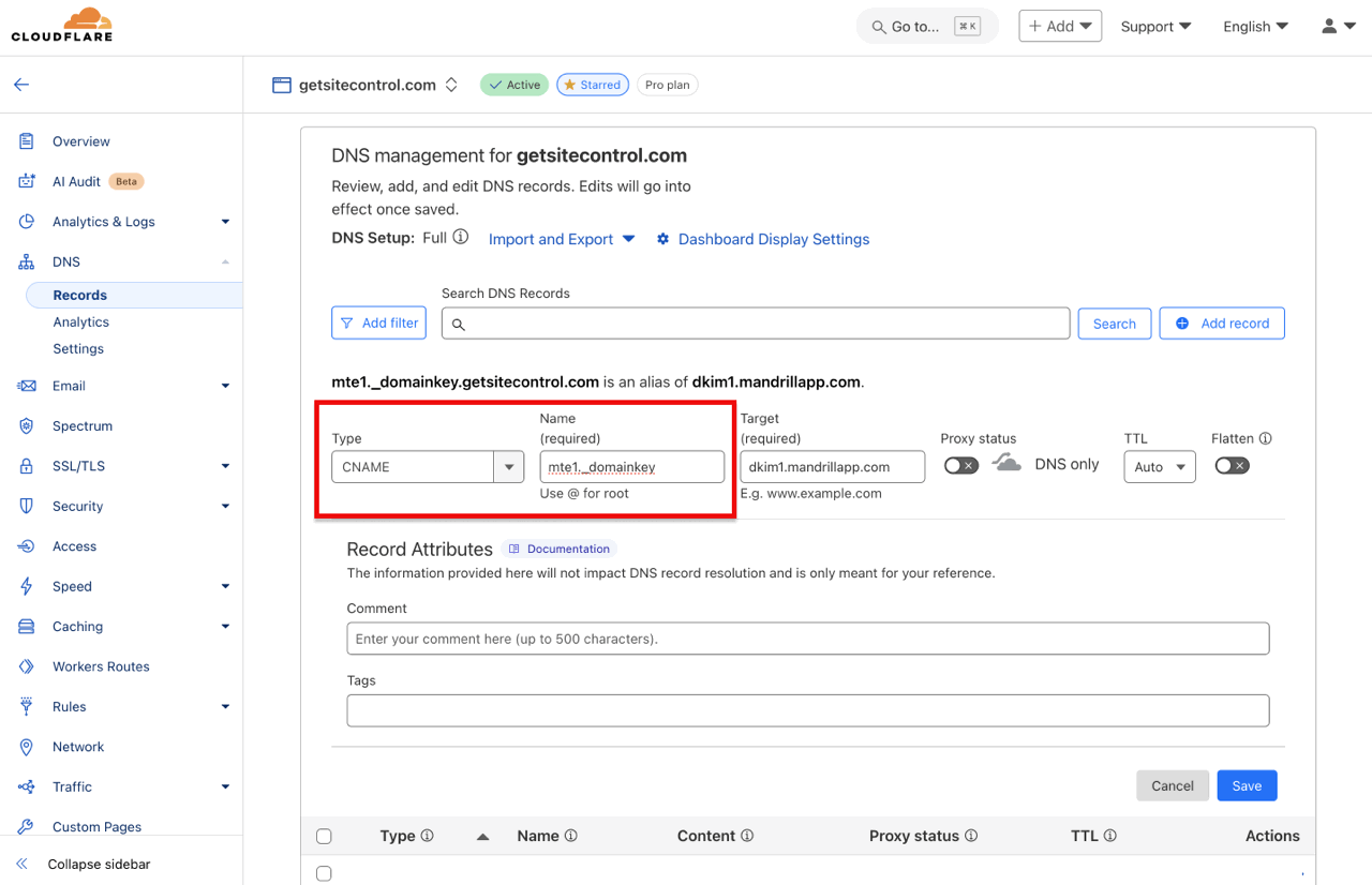 CNAME record setup for DKIM: record Type and Name