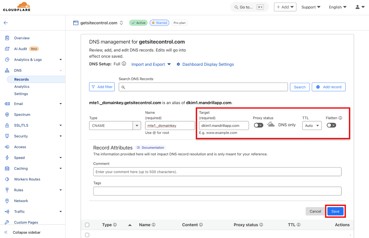 CNAME record setup for DKIM: Target, Proxy status, TTL, and Flatten toggle