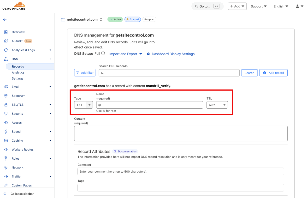 TXT record setup for SPF: record Type, Name, and TTL