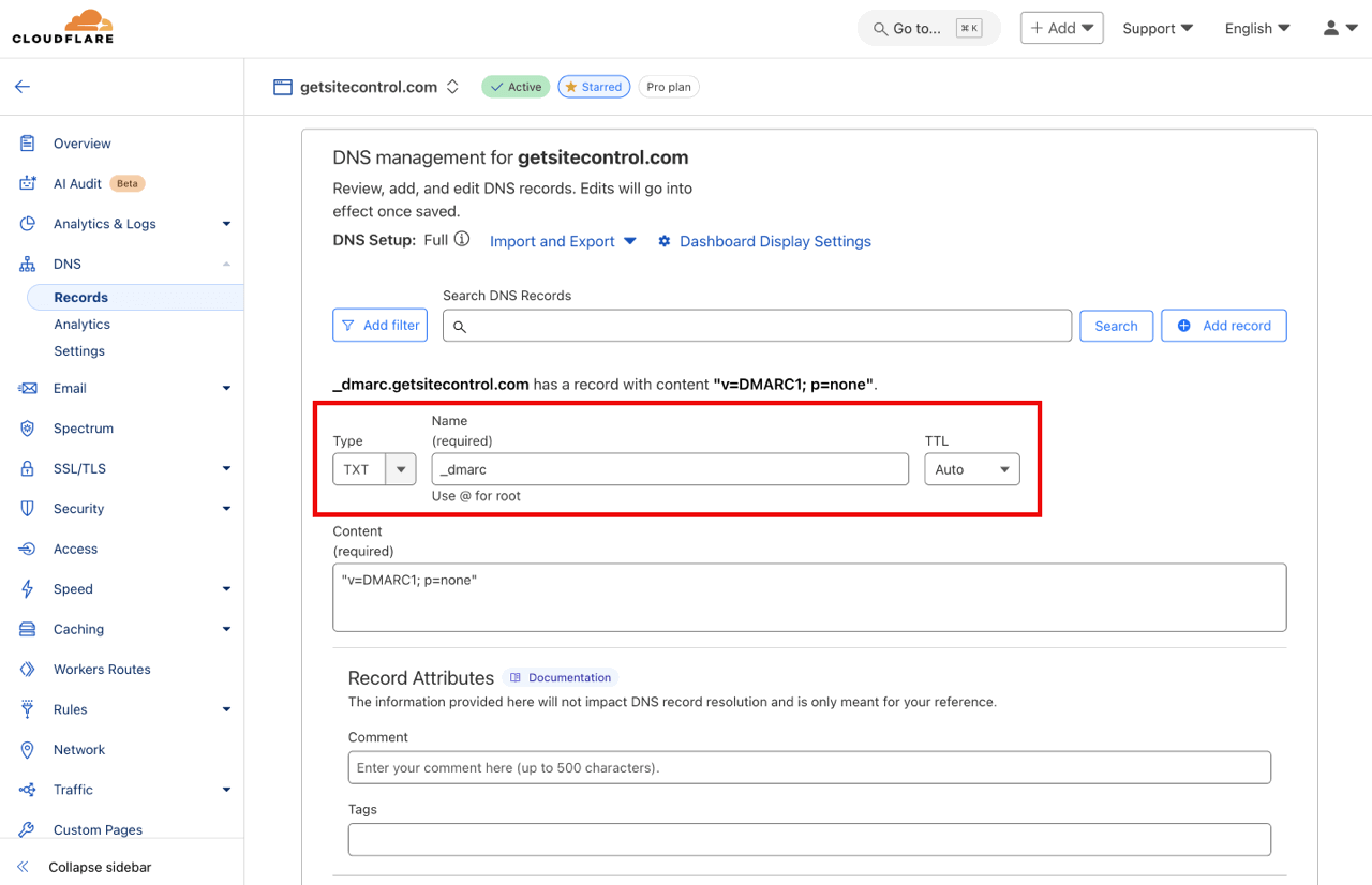 TXT record setup for DMARC: record Type, Name, and TTL
