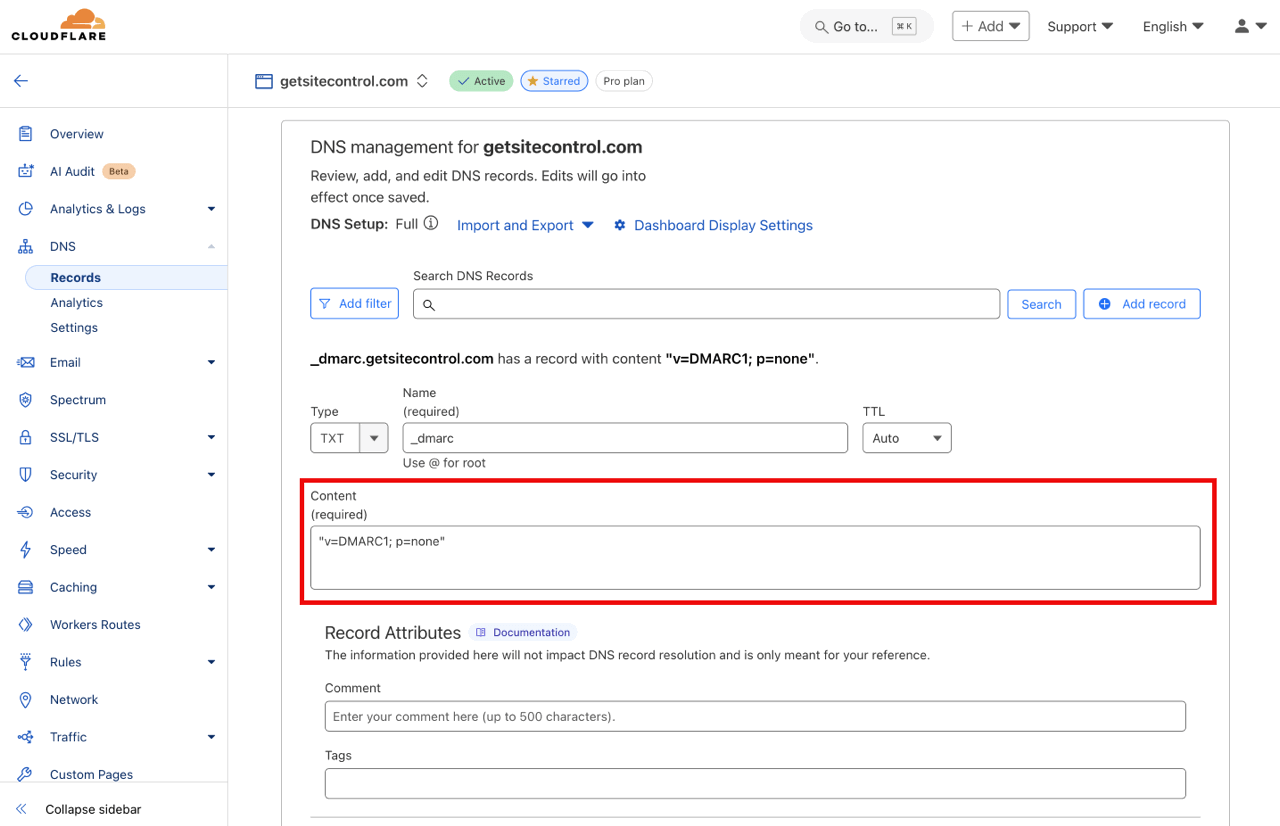 TXT record setup for DMARC: Content