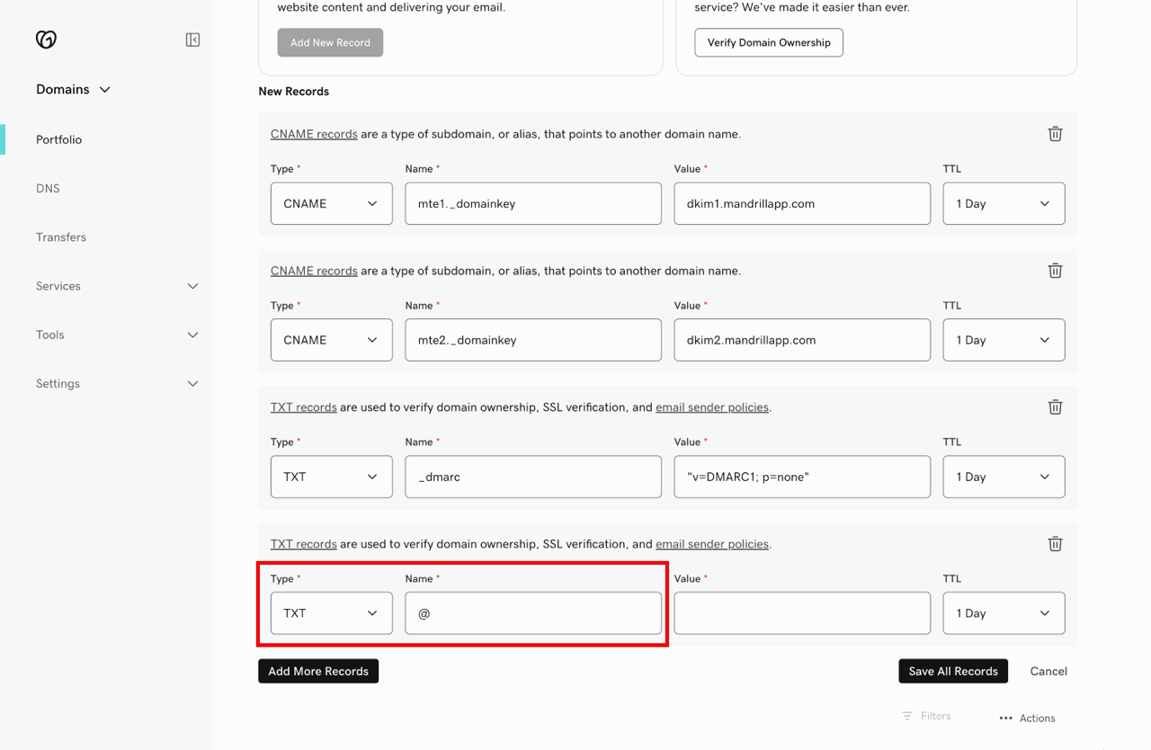 TXT record setup for SPF: record Type and Name