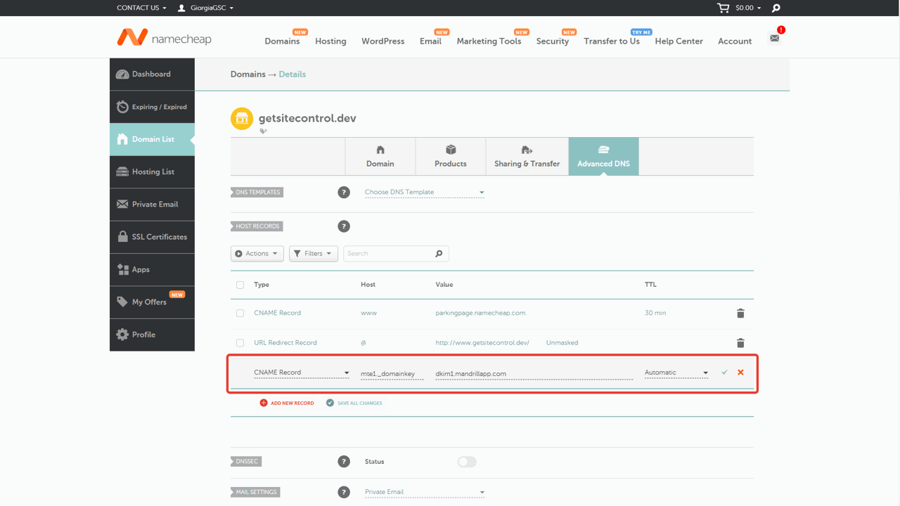 CNAME record setup for DKIM