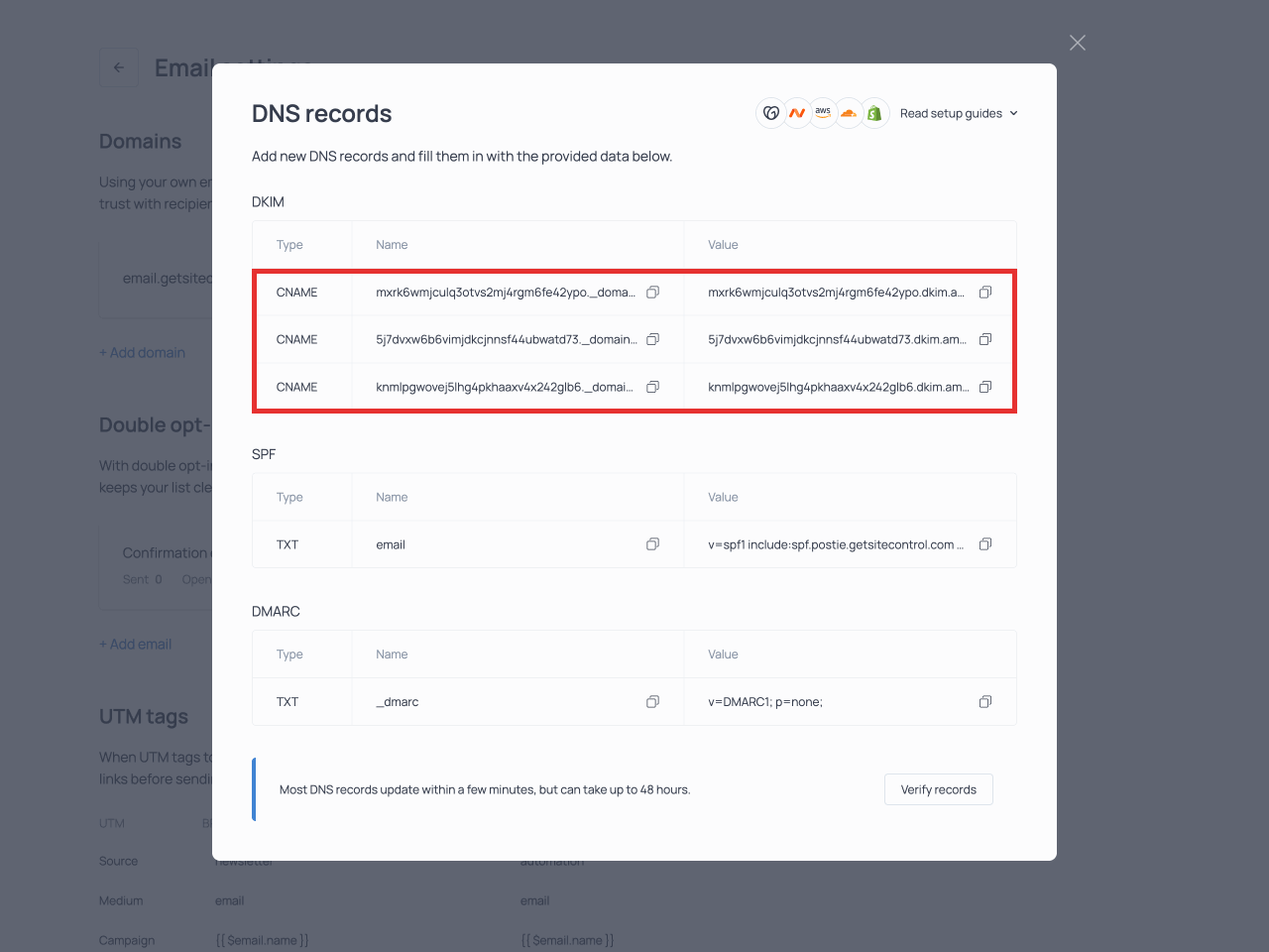 The Name and Value entries for the three CNAME records for DKIM