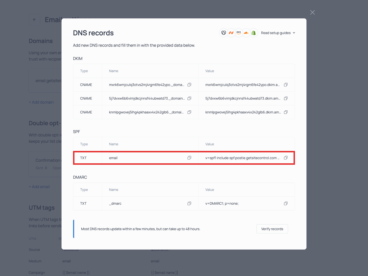 The Name and Value entries for the TXT record for SPF