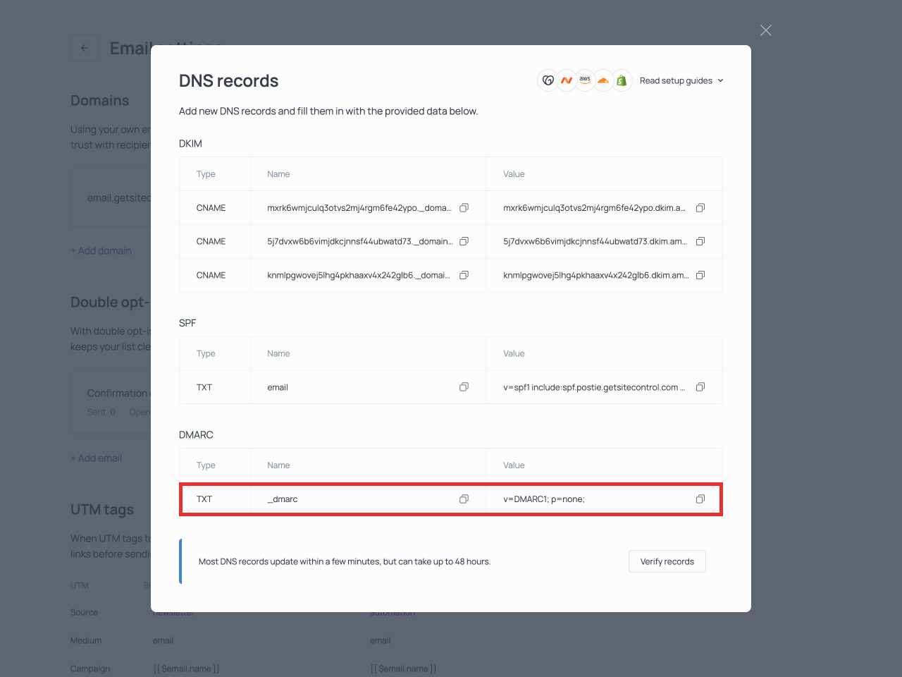 The Name and Value entries for the TXT record for DMARC