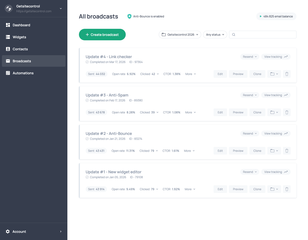The Broadcasts tab of the dashboard with the +Create broadcast button