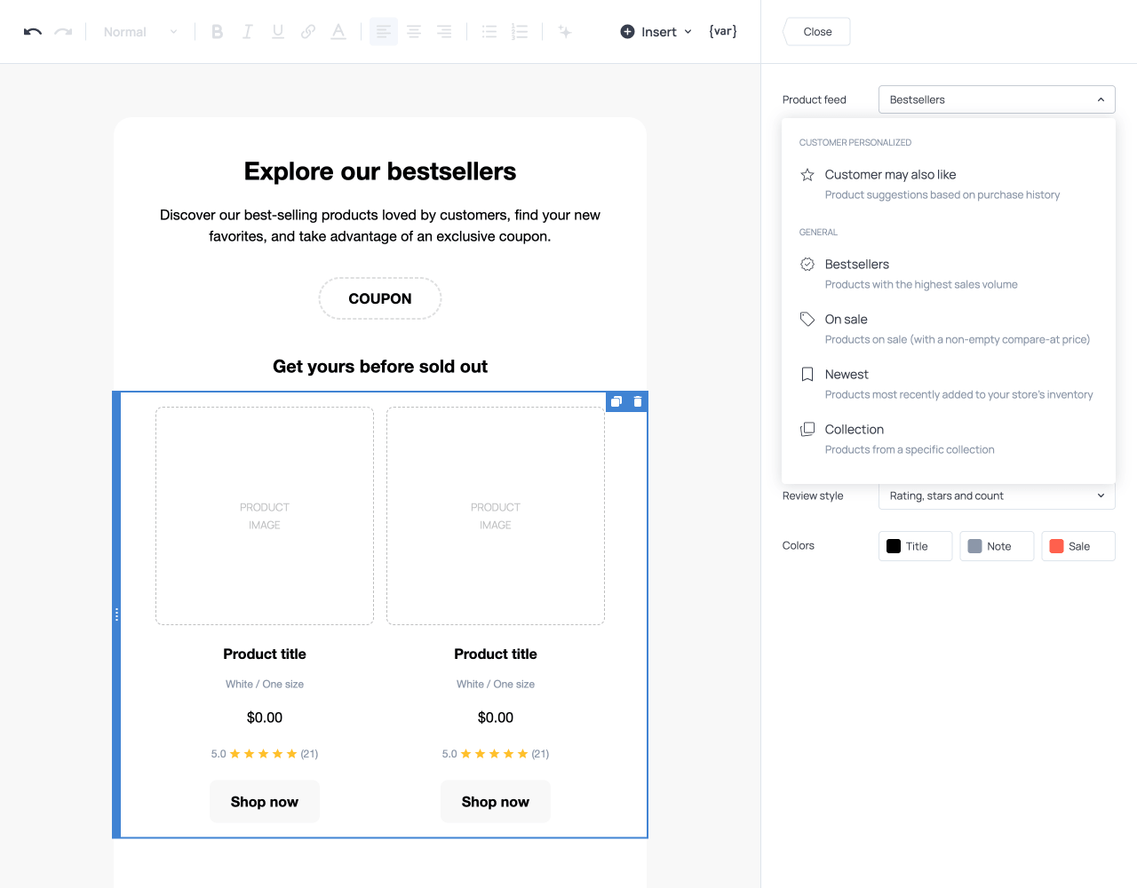 Broadcast email featuring best-selling product feed with star ratings