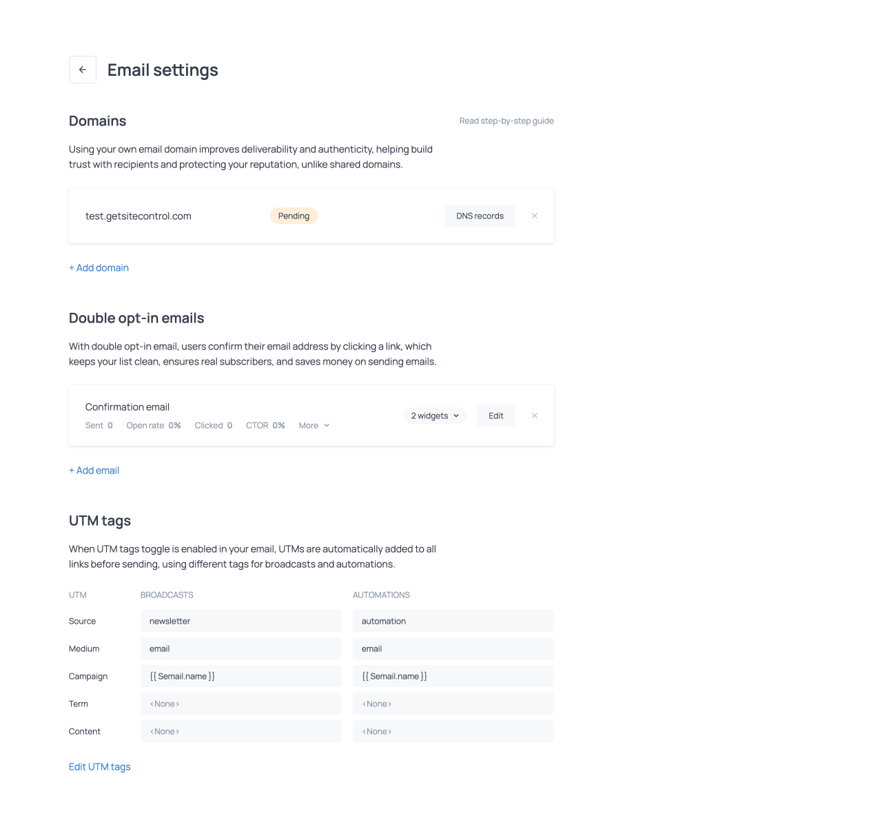 UTM tags settings in the Email settings section of the dashboard