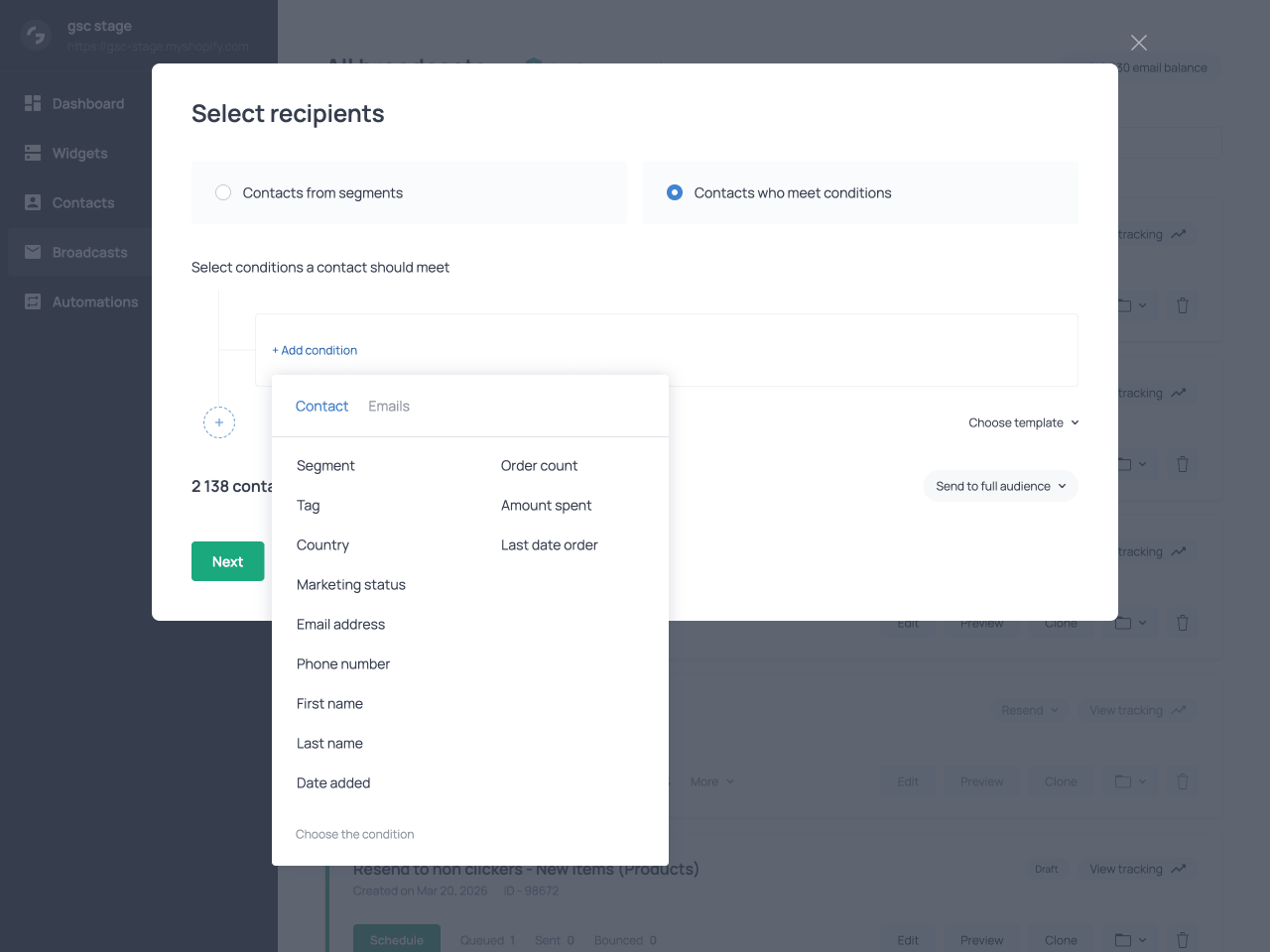 Selecting an audience using contact-based conditions