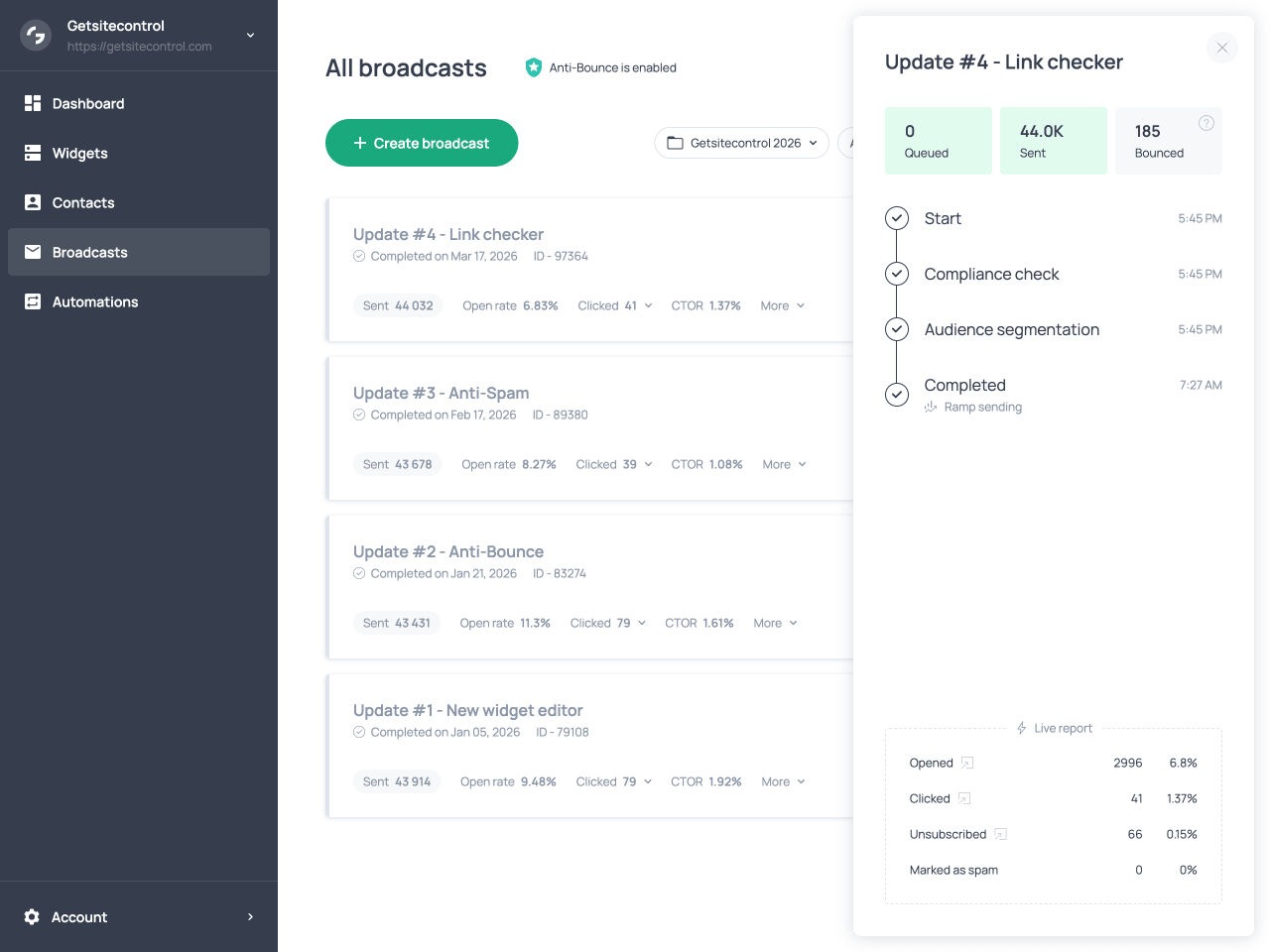 The tracking panel of a delivered broadcast