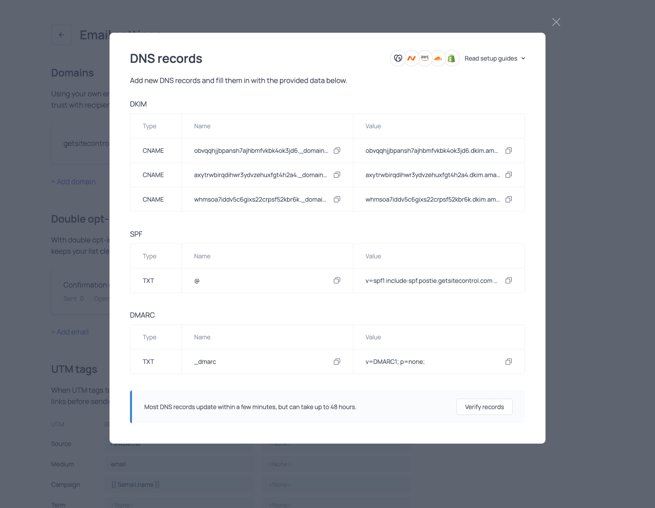 The DNS records window in the Email settings section