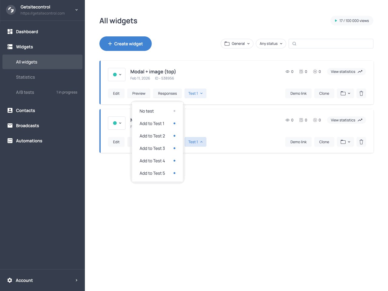 Adding a widget to an A/B test in Getsitecontrol