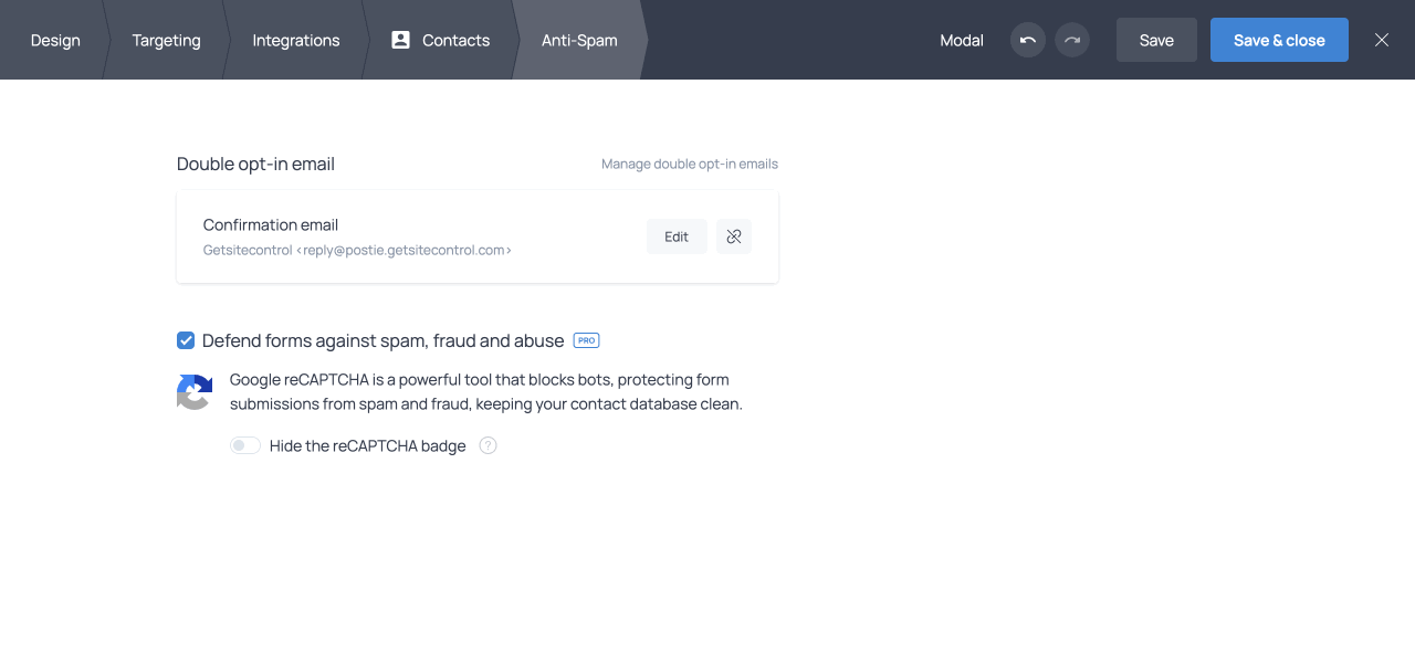 Anti-Spam settings in the widget editor