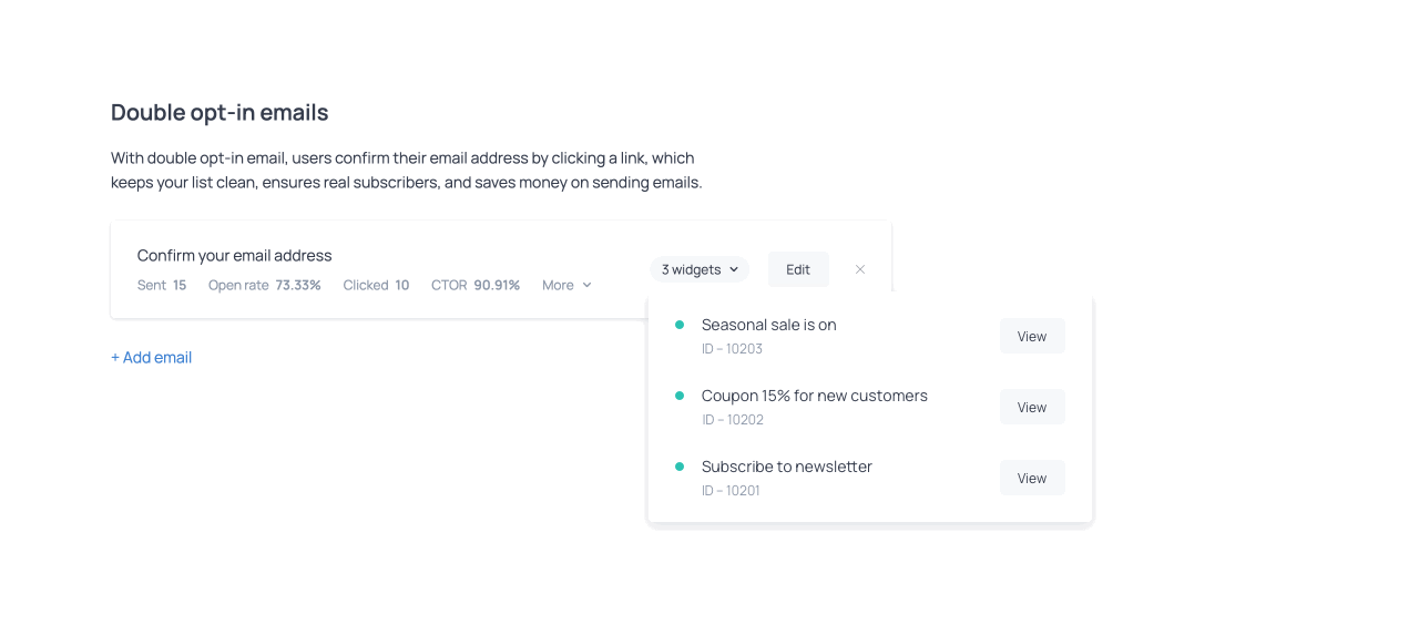 Double opt-in email configuration featuring linked widgets