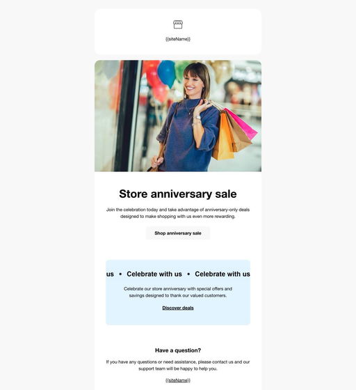 Email example. Template. Store anniversary sale