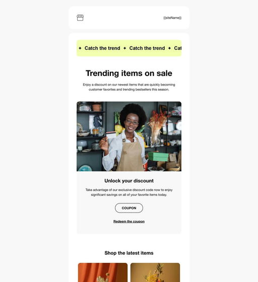 Email example. Template. Trending items on sale