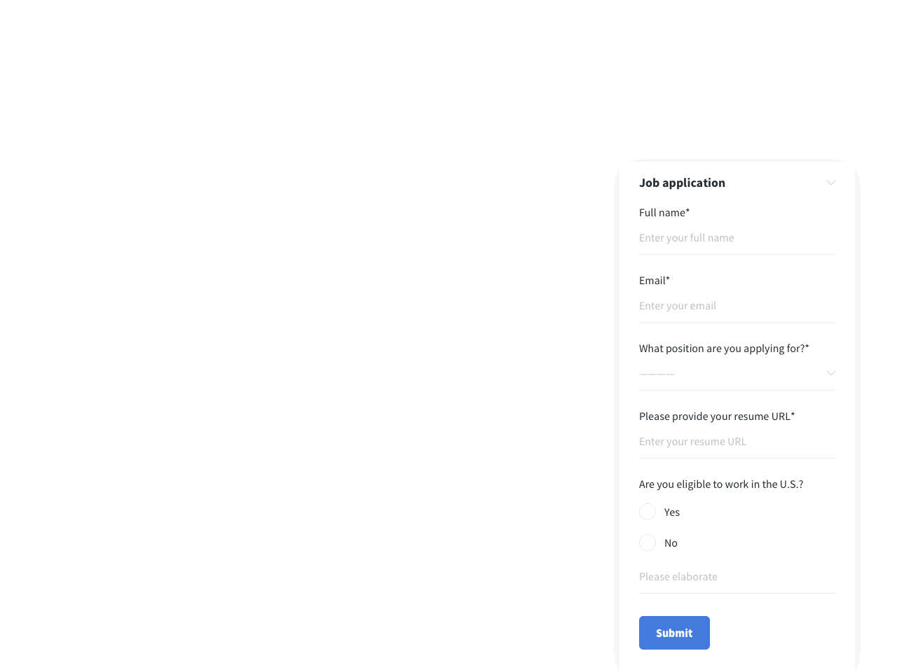 Job application form for submitting a resume