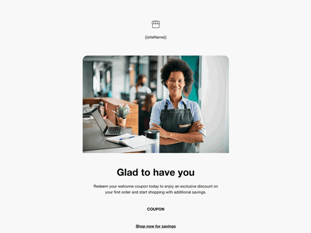 Welcome email template designed to deliver a first-purchase coupon