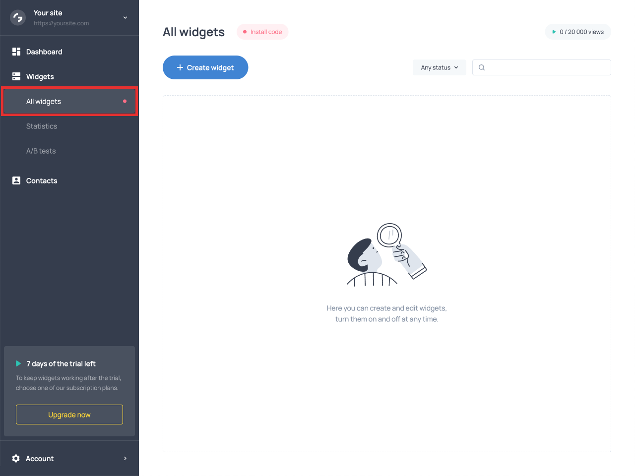 The ‘All widgets’ section in the Getsitecontrol dashboard