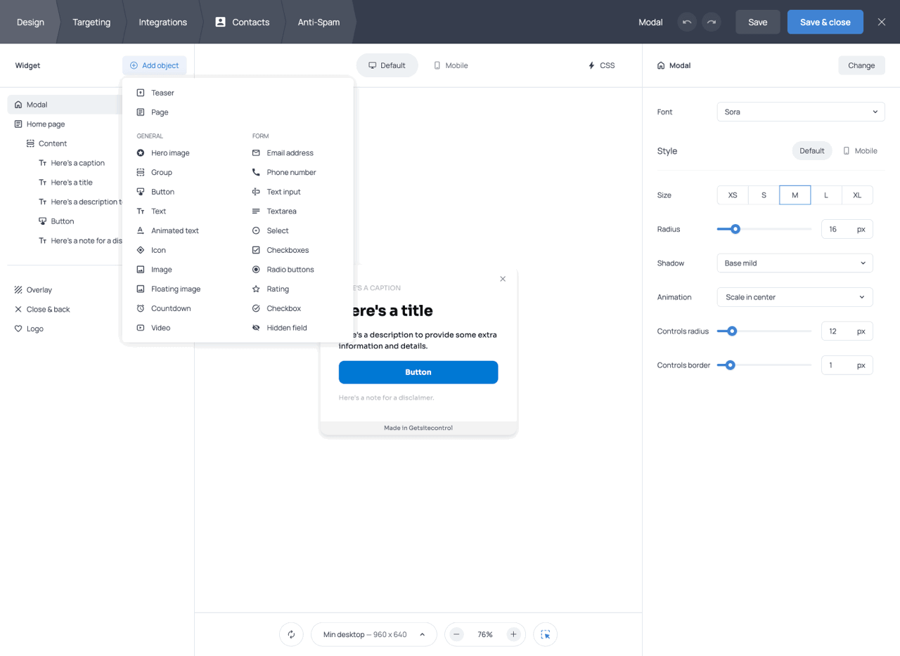 The Design tab of the widget editor with visible objects dropdown menu