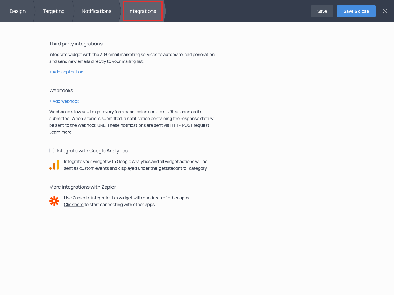 Getsitecontrol dashboard with the highlighted Integrations bar