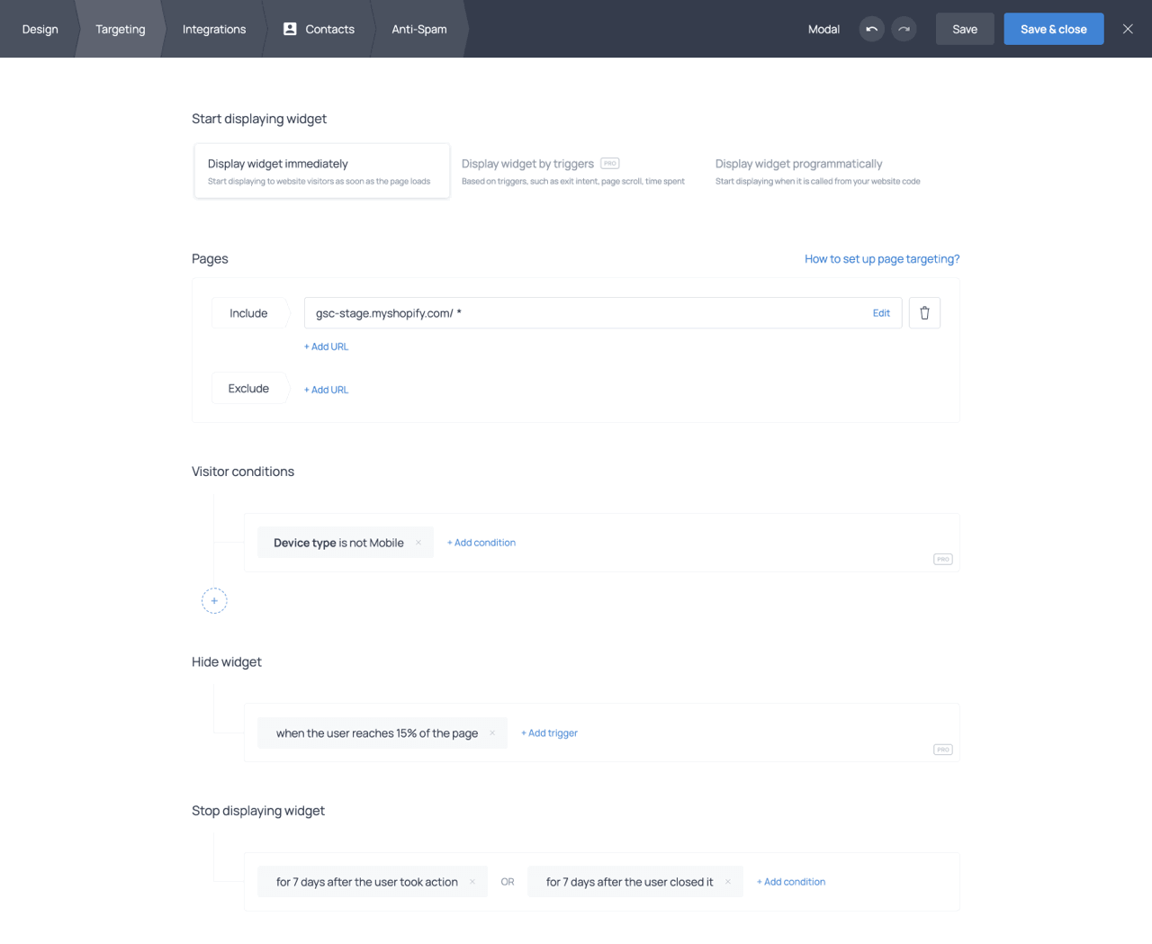 The Targeting tab with several Pro targeting options set up