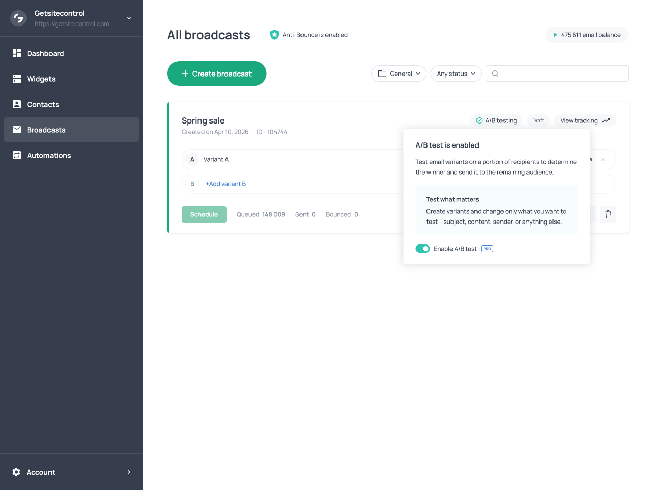 Broadcast card with A/B test enabled and the Add variant button visible