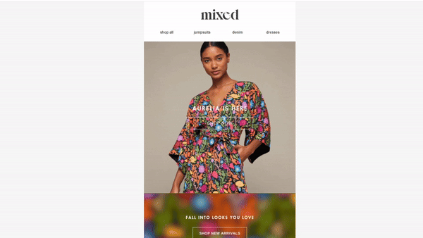 Mixed by Nasrin opens a new arrivals email with a GIF showing a rotation of new products