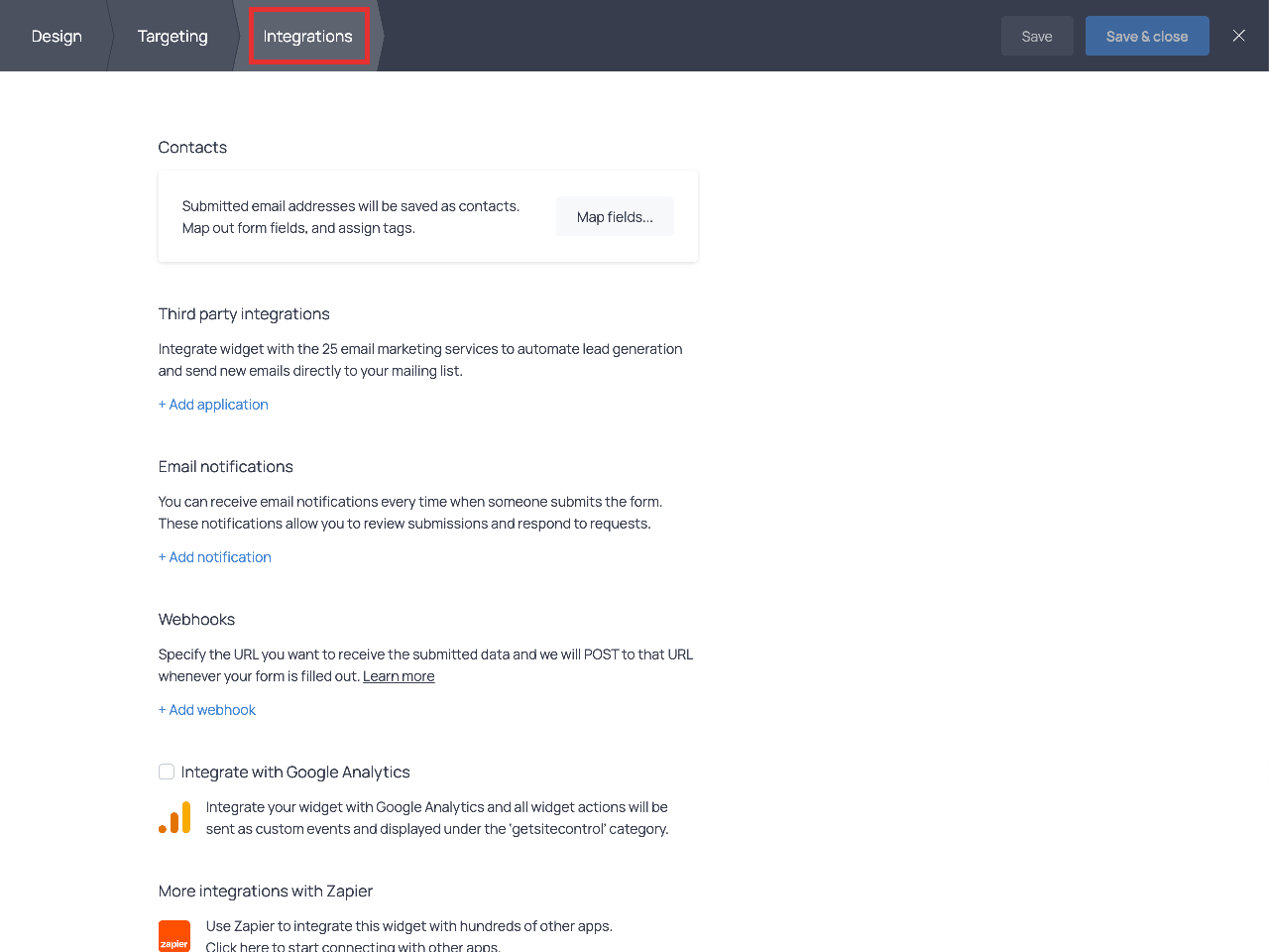 The Integrations tab in the widget settings