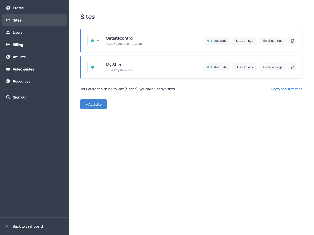 The Sites tab of the Getsitecontrol dashboard with the Email settings button