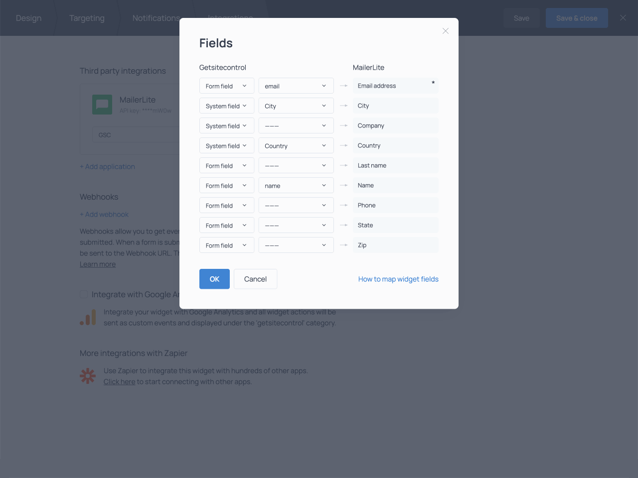 Widget fields mapping modal window