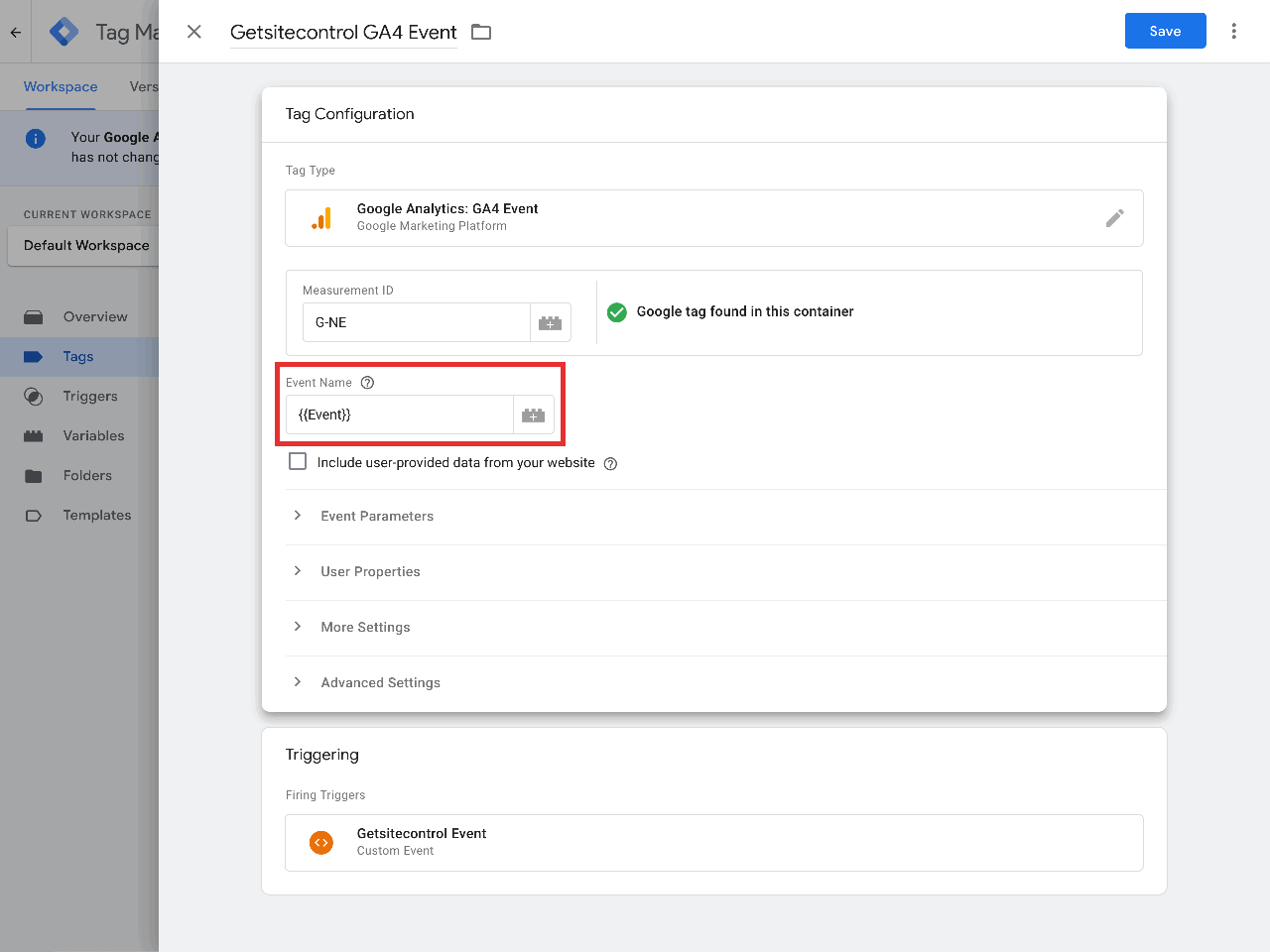 Adding Event as the Event Name in the tag configuration