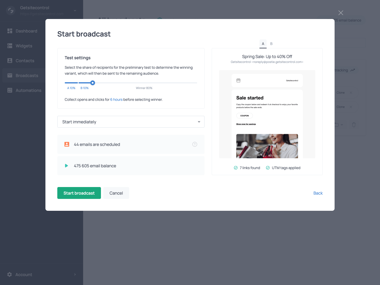 Defining the size of the test group in the scheduling settings of the broadcast