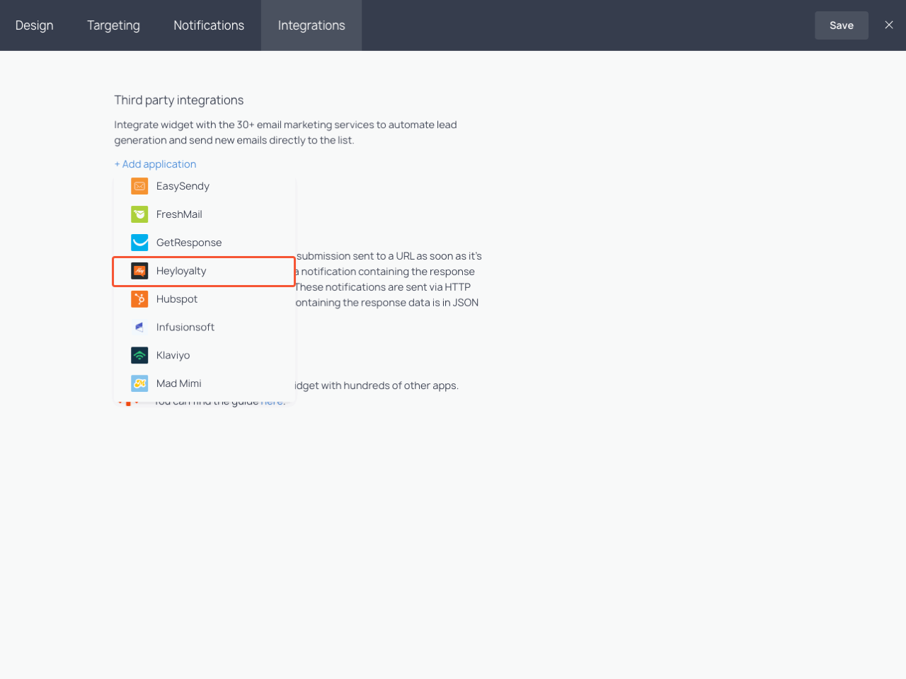 Integrations section with the highlighted Heyloyalty item in the dropdown list