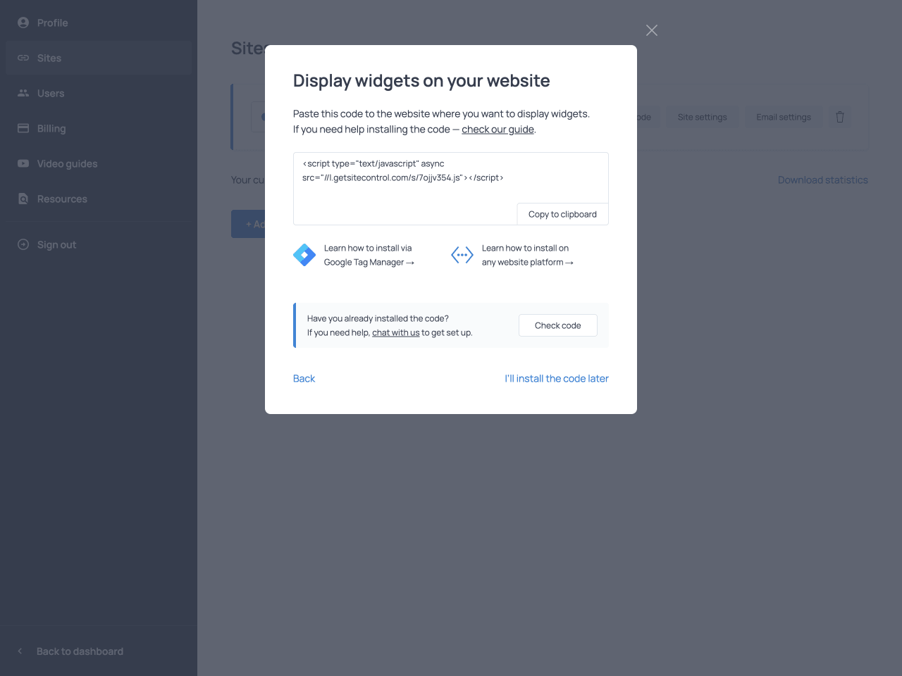 The Copy to clipboard button next to the Getsitecontrol script