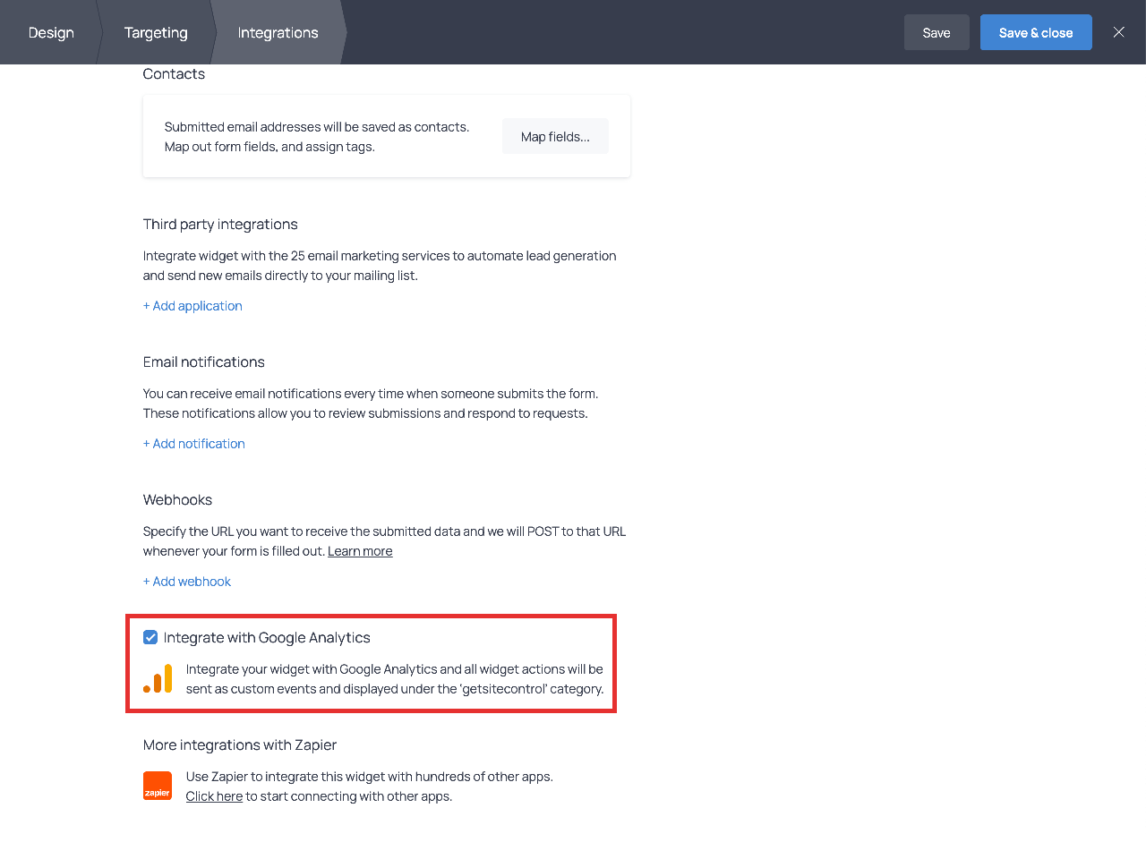 The ‘Integrate with Google Analytics’ checkbox