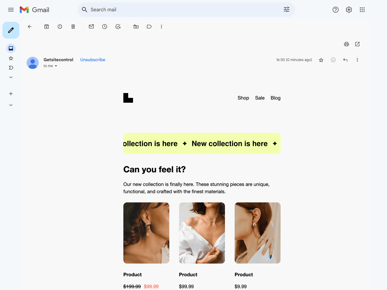 The test email in the Gmail inbox