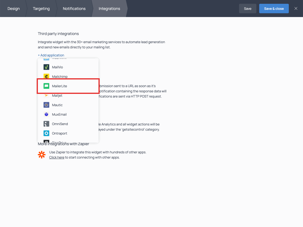 Integrations section with the highlighted MailerLite item in the dropdown list