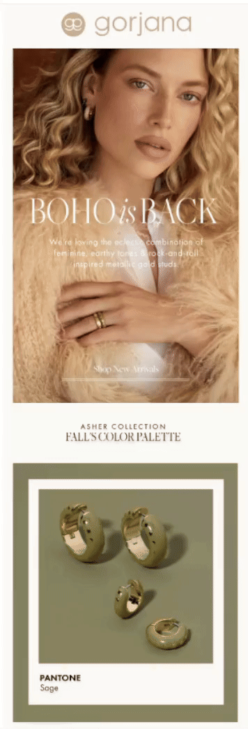 Gorjana’s new arrivals email uses a GIF to showcase color variations of the new product