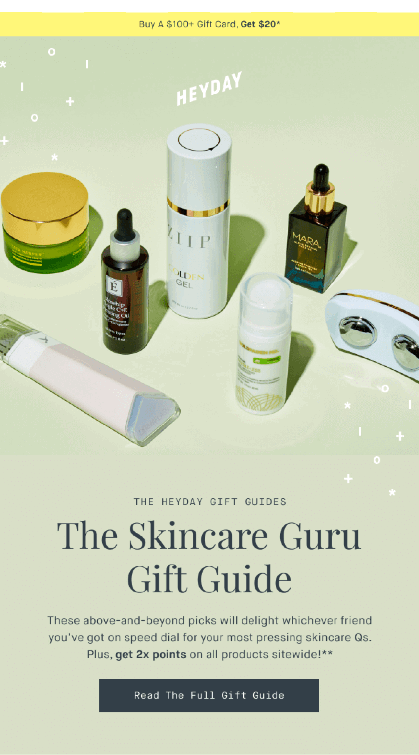 Heyday gift guide email grouping skincare products around recipient interests