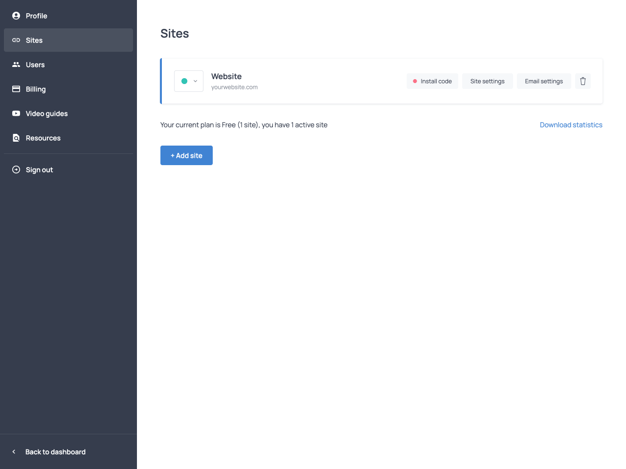 The Install code button in the Sites section of the dashboard