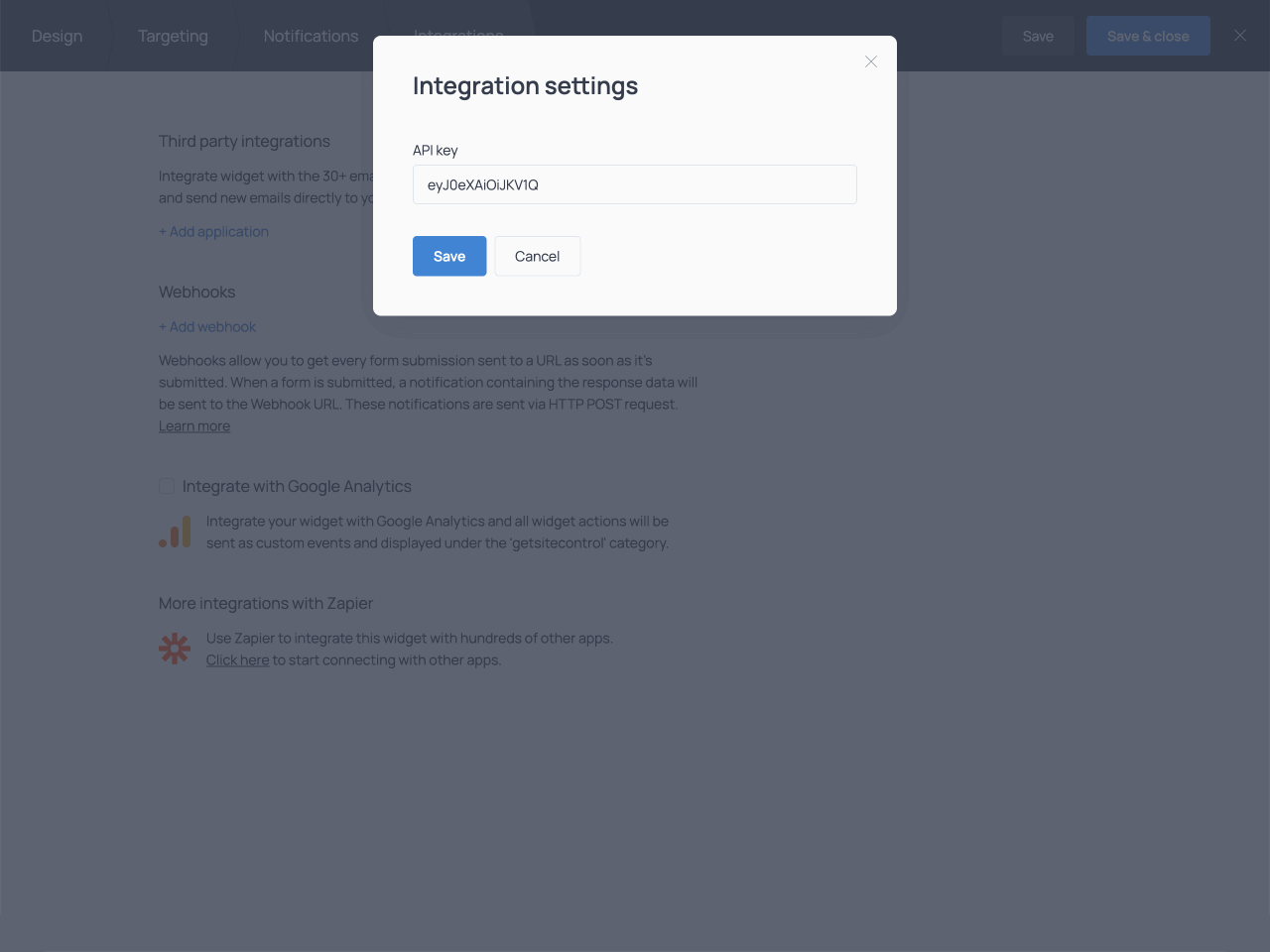Integration settings modal window